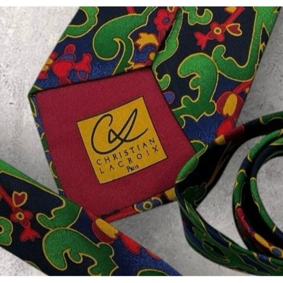 CHRISTIAN LACROIX Silk Tie ITALY Green Blue Botanical W:4" EUC - Picture 2 of 5